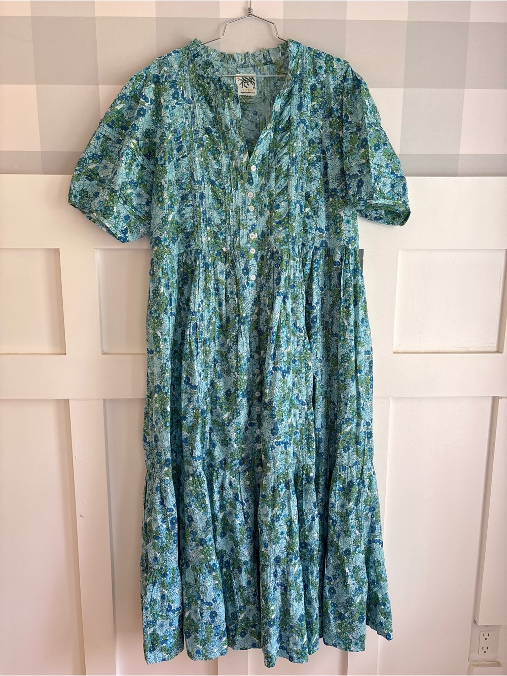 Cotton Blue Floral Tiered Maxi Dress with Puff Sleeves Large - Picture 7 of 13
